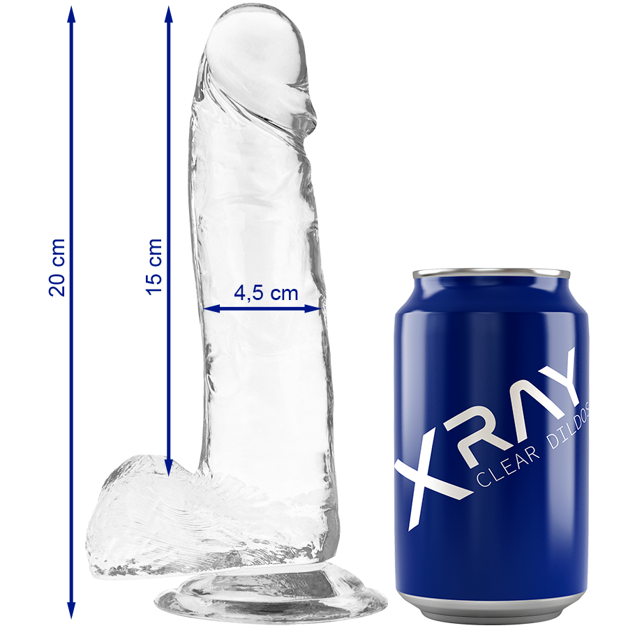 Dildo transparente ao lado de uma lata azul com texto XRAY CLEAR DIL.