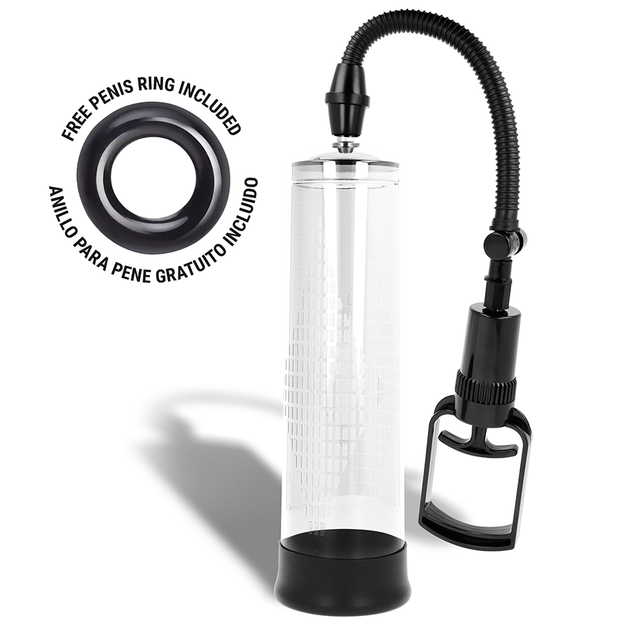 Bomba de aumento masculino transparente com base e manípulo pretos e anel para pénis preto incluído