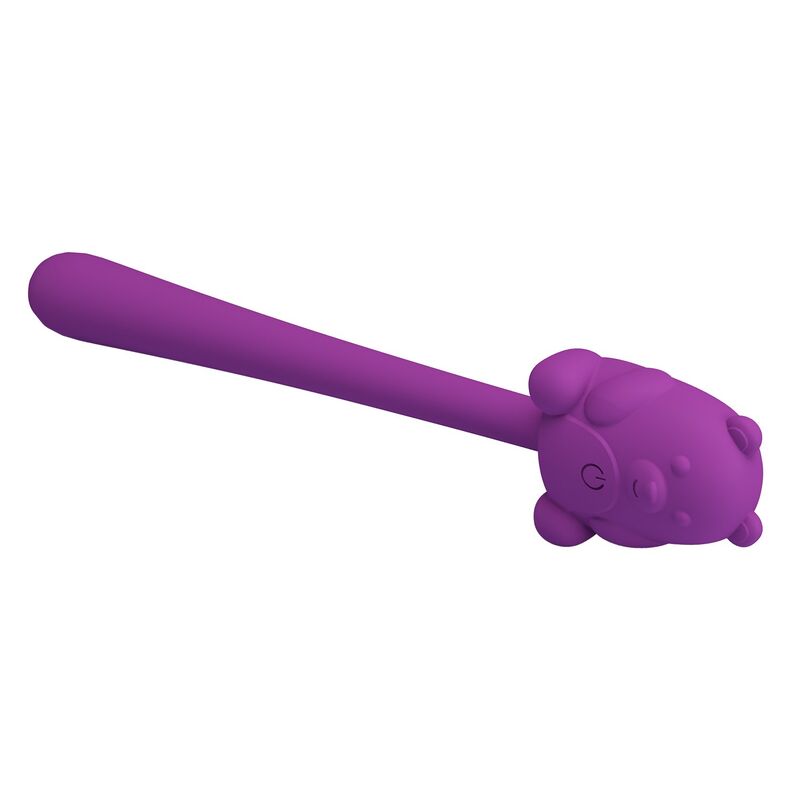 Objeto longo roxo com forma de animal na extremidade, possivelmente um cão, em fundo branco
