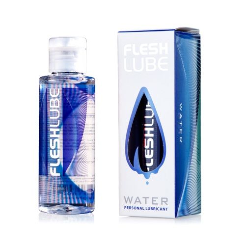 Frasco e embalagem azul e branca de lubrificante pessoal FLESHLUBE WATER