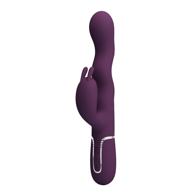 Vibrador roxo com duas extremidades e botões de controlo.
