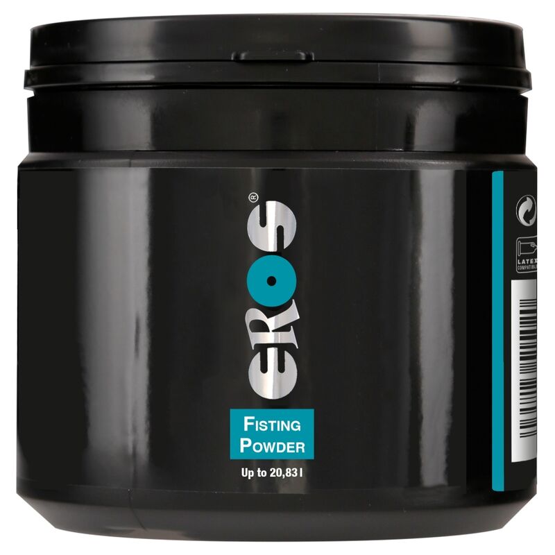 Frasco preto com tampa contendo pó ERoS Fisting Powder