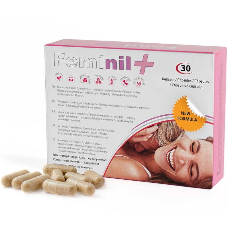 Embalagem rosa e branca de Femnil+ com cápsulas, texto multilingue e selo NEW FORMULA