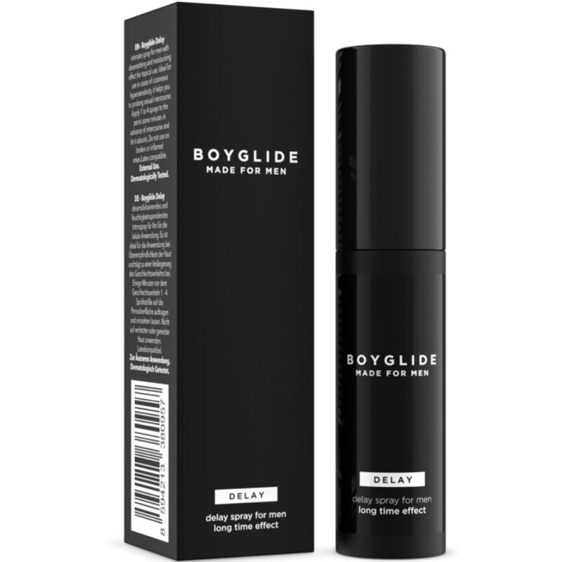 Spray de atraso para homens em embalagem preta com texto branco BOYGLIDE