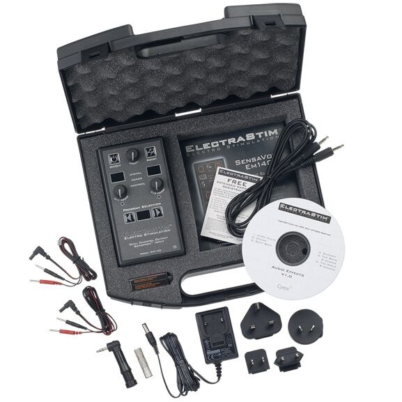 Kit eletroestimulador ELECTRASTIM com controlador, cabos, adaptadores, manual e CD em mala preta