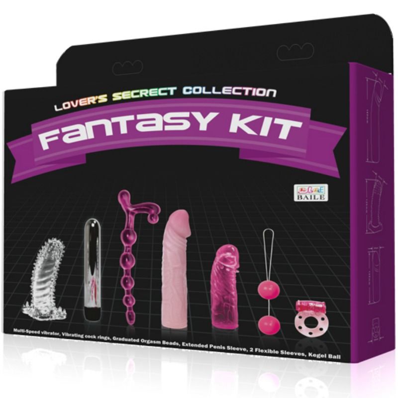 Caixa do kit erótico Fantasy Kit com vários acessórios em rosa e preto