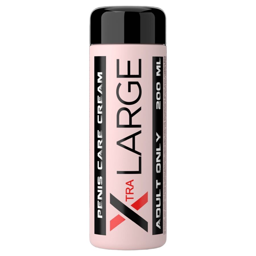 Frasco rosa com tampa preta de creme para cuidado do pénis com textos em preto e vermelho