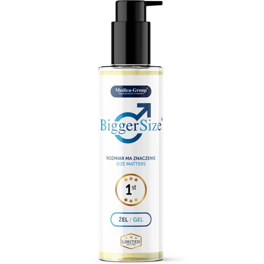 Frasco de gel branco com doseador preto e rótulo azul e dourado