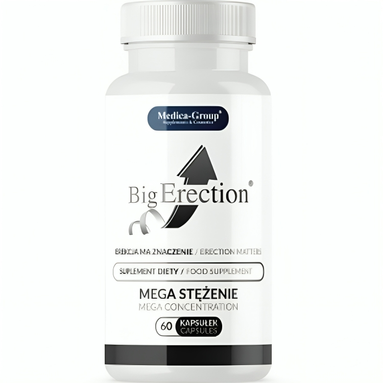 frasco branco de suplemento alimentar Big Erection com texto em polaco e inglês