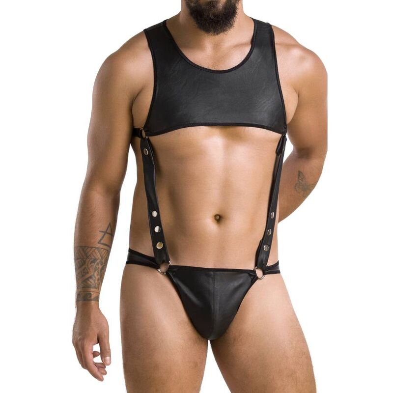 Conjunto masculino de lingerie preto composto por top e tanga com suspensórios