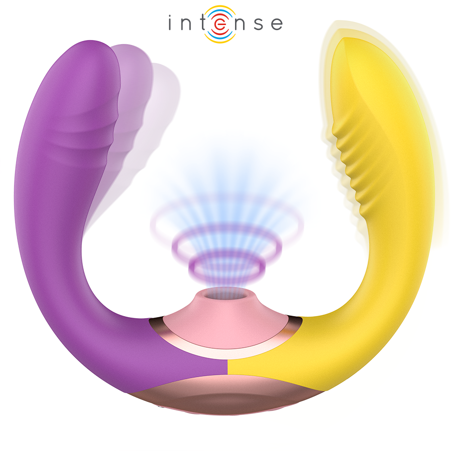 Dispositivo sexual em U roxo e amarelo com base rosa e ondas azuis e logo intense