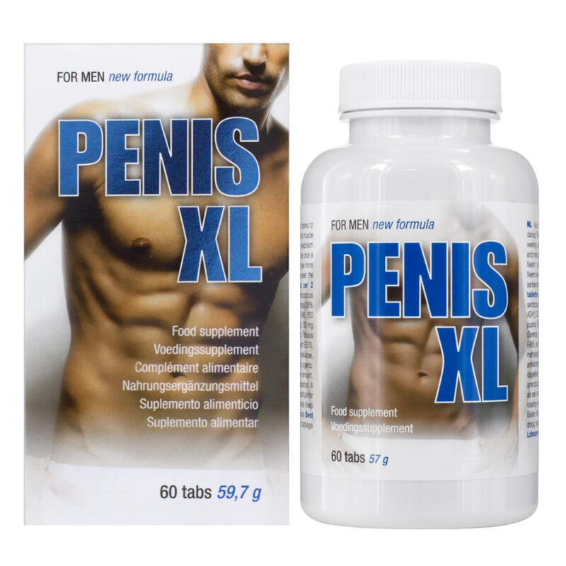 Suplemento alimentar PENIS XL para homens com imagem de torso masculino e indicações na embalagem