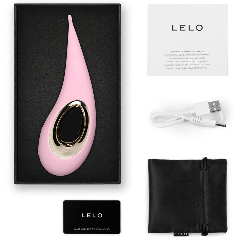 Produto LELO rosa com detalhes dourados e acessórios em fundo branco