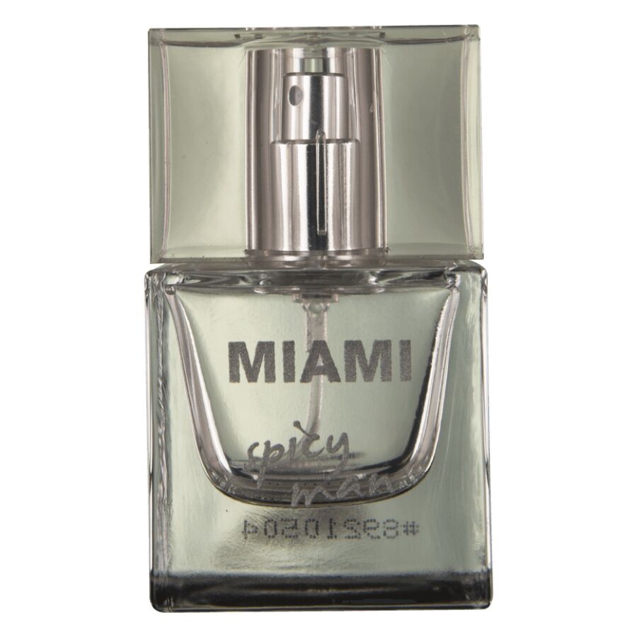 Frasco de perfume Miami spicy man num frasco de vidro transparente com tampa quadrada.