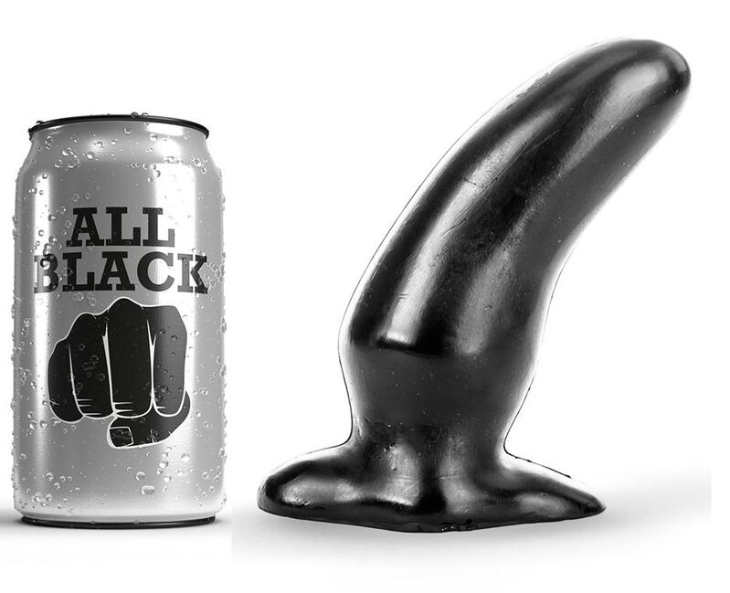 Lata cinza com texto ALL BLACK e dildo preto ao lado