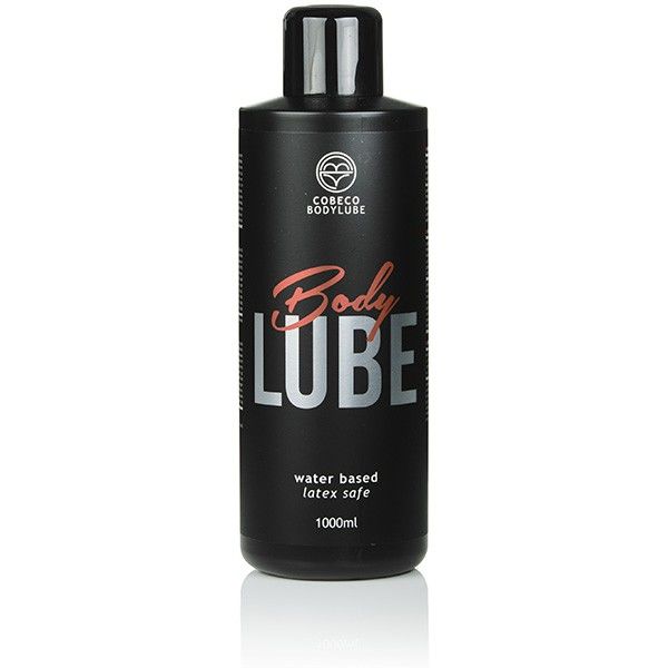 Frasco preto de lubrificante corporal com texto em branco e rosa