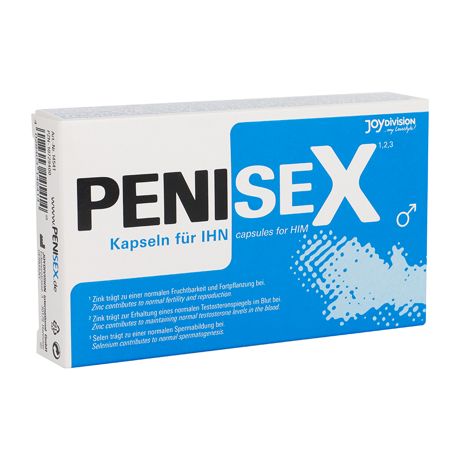 Embalagem de cápsulas suplementares masculinas PENISEX em azul e branco