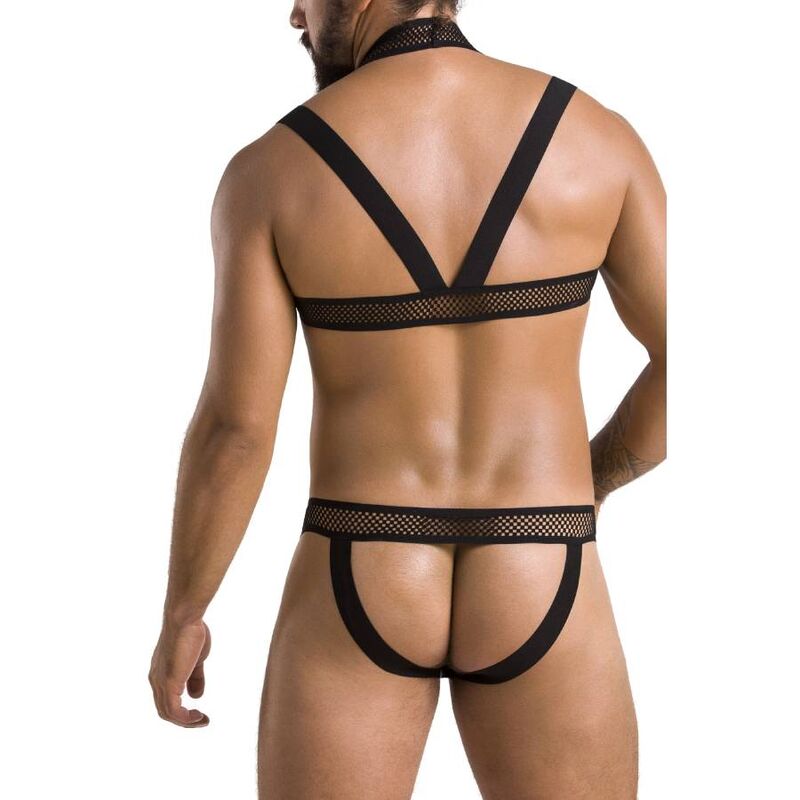 Lingerie masculina preta em malha rede vista de costas