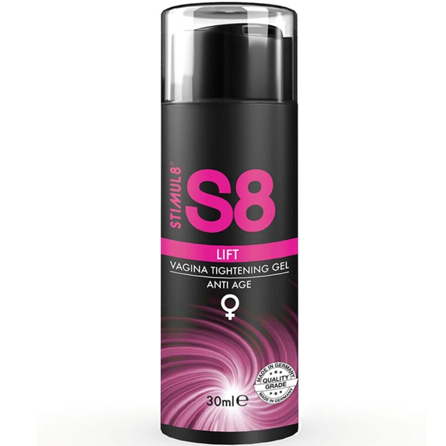 Frasco de gel vaginal preto com texto rosa e branco
