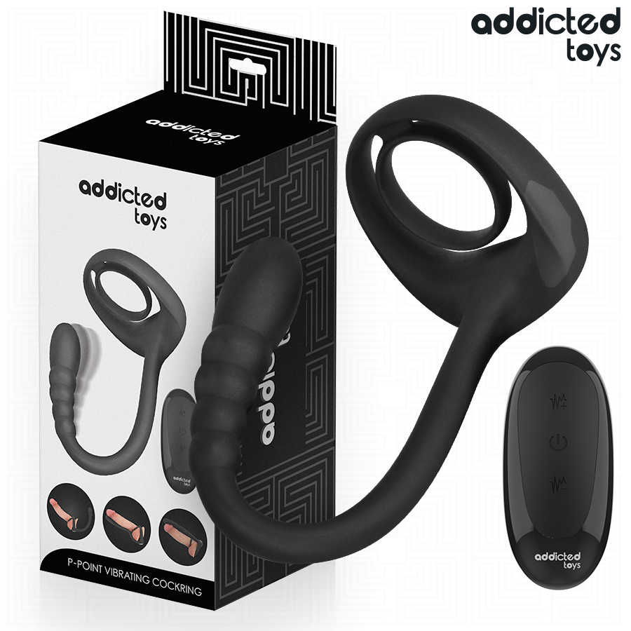 Anel peniano vibratório preto com controlo remoto e embalagem ADDICTED TOYS