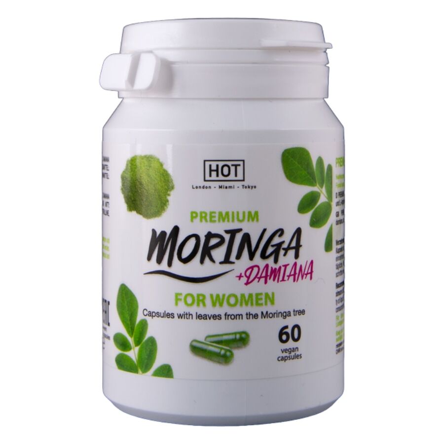 Frasco de suplemento Moringa + Damiana para mulheres com folhas verdes e cápsulas