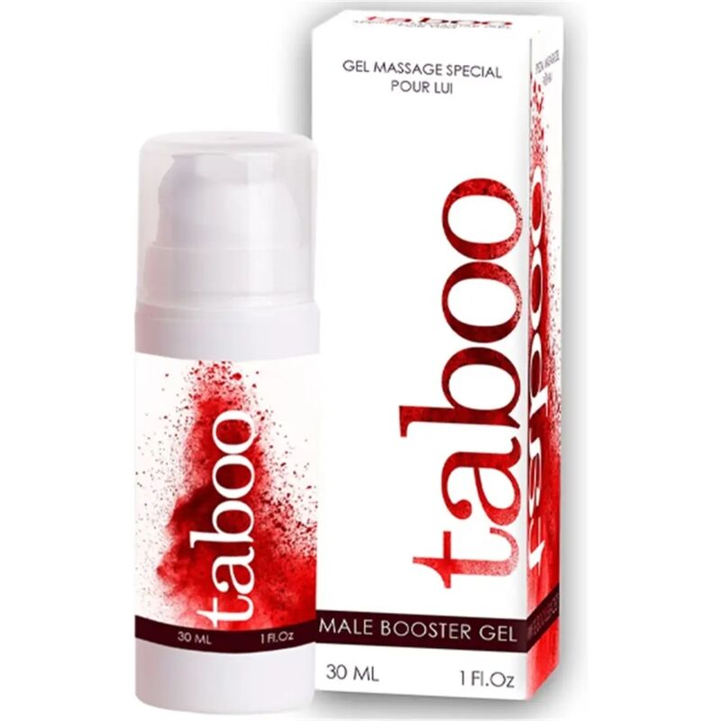 Gel para massagem masculina Taboo embalagem branca com detalhes vermelhos