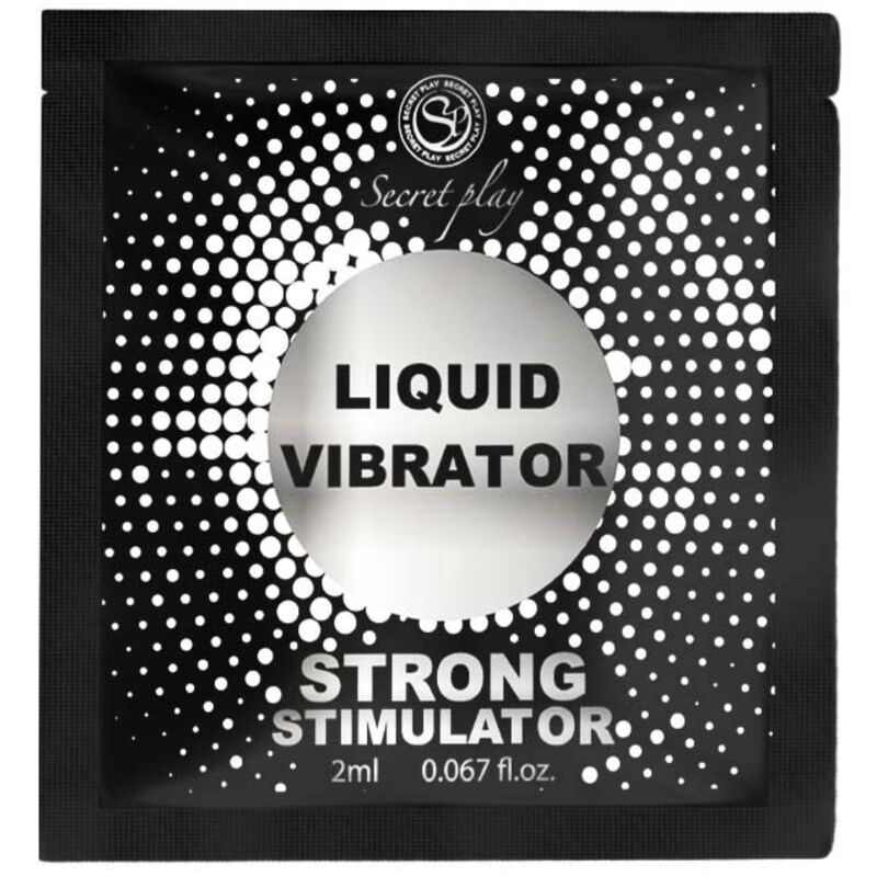 Embalagem preta com pontos brancos e texto LIQUID VIBRATOR STRONG STIMULATOR