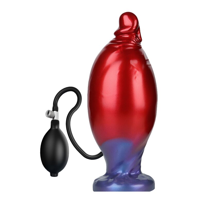 Objeto metálico vermelho com bomba de gás preta com tubo flexível