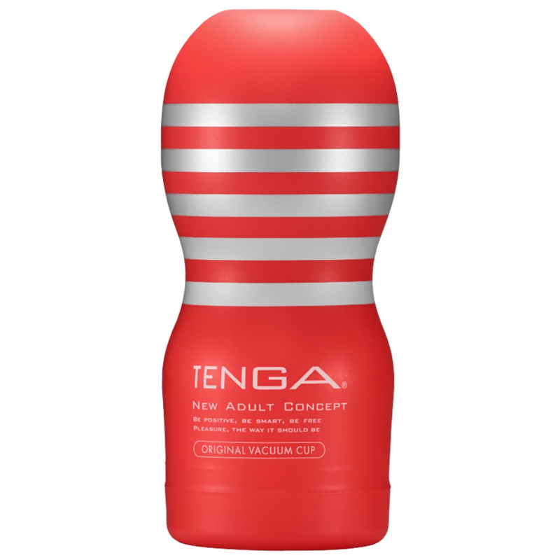 Masturbador masculino vermelho Tenga com riscas cinzentas e texto branco