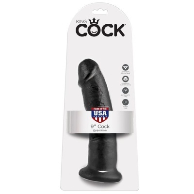 Dildo preto realista na embalagem branca com texto KING COCK e 9