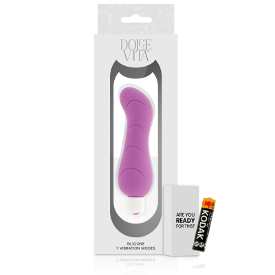 Vibrador rosa roxo em embalagem branca com pilha Kodak ao lado