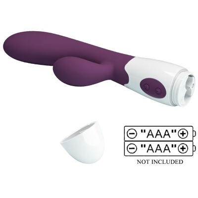 Vibrador roxo em silicone com pega branca e tampa removível