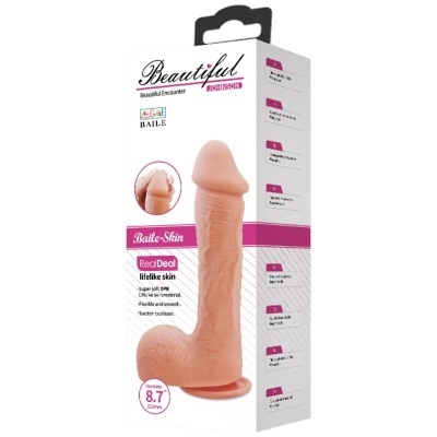 Embalagem branca e rosa com dildo realista cor pele e ventosa na base