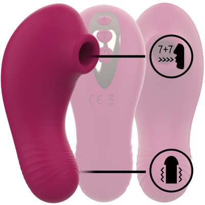 Dispositivo com superfície texturizada e controle remoto com botões, em silicone vermelho e rosa