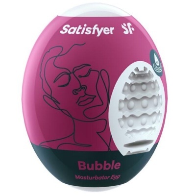 Embalagem ovo Satisfyer Bubble Masturbator Egg rosa e preto com desenho de rosto abstrato