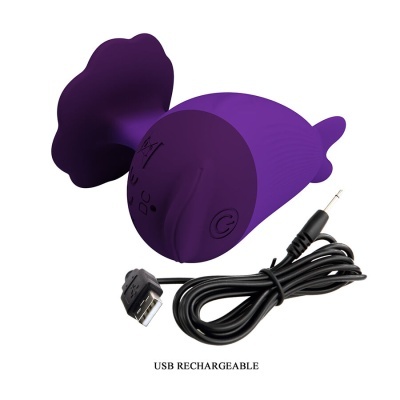Dispositivo sexual roxo em silicone com cabo USB para recarregamento