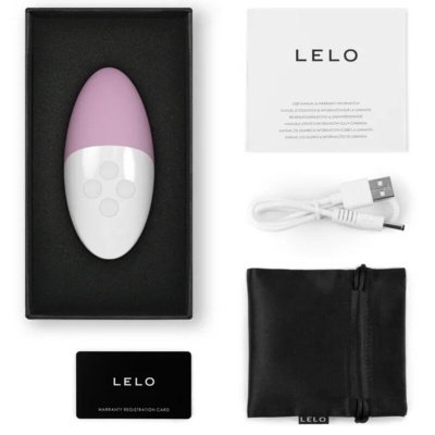 Produto LELO com dispositivo rosa e branco, cabos USB, cartão de garantia e manual