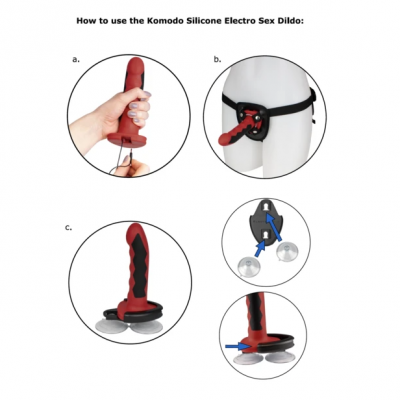 Instruções para uso do dildo electrosex Komodo em silicone vermelho e preto com ventosas e arnês