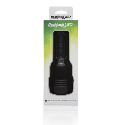 Produto fleshjack GO preto em embalagem branca com detalhes verdes e texto promocional.