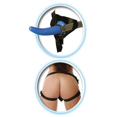 Cinta preta ajustável com dildo azul para uso adulto