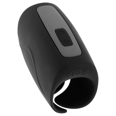 Anel vibratório preto em silicone com botão de controlo e símbolos CE e reciclagem