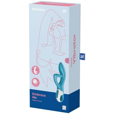 Embalagem de vibrador Satisfyer Embrace Me azul e branco