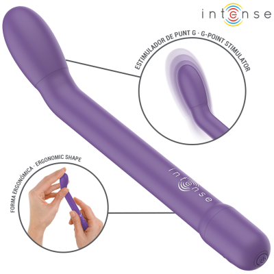 Estimulador G-Spot roxo ergonómico com descrições em círculo e fundo branco