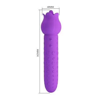 Vibrador roxo em formato de rosa com textura e botões S e M