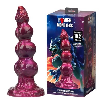 Dildo de silicone rosa com esferas ao lado da sua embalagem com imagem de lobo
