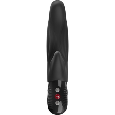Vibrador preto em silicone com base preta e botões, fundo branco