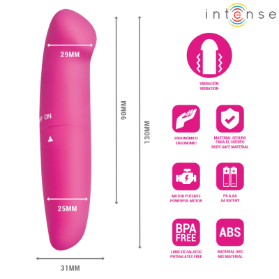 Vibrador rosa com medidas e textos demonstrando características e materiais