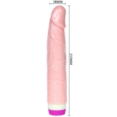 Vibrador cor de pele com textura realista e base branca e roxa, fundo branco.