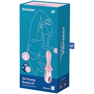 Caixa azul com vibrador anal rosa e textos de produto e tecnologia