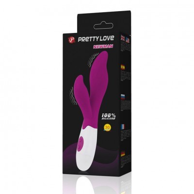 Embalagem preta do vibrador Pretty Love Newchan em silicone roxo e branco